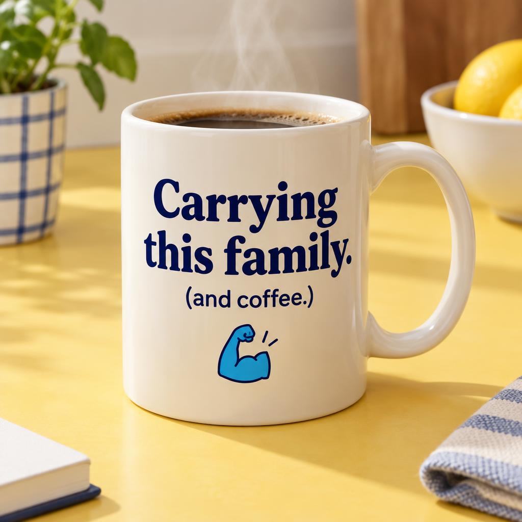 Cream mug reading Carrying this family. (and coffee.)